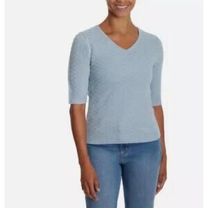 Ella Moss Women's V-Neck Elbow Sleeves Sweater, Light Blue, Size S. P